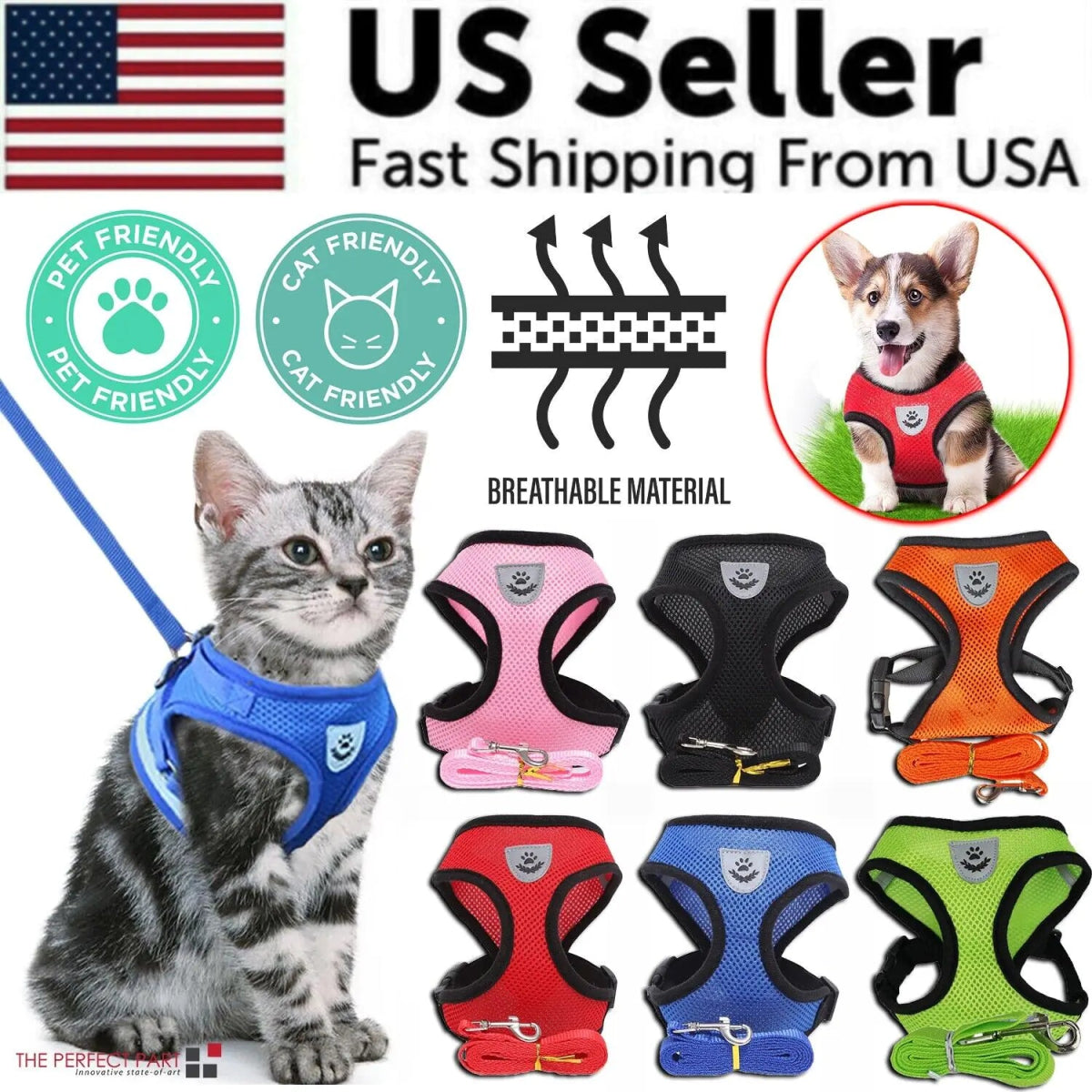 Cat Dog Pet Harness Adjustable Control Vest Dogs Reflective S M L XL Leash - USA Pets