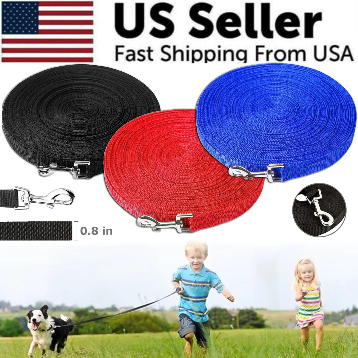 Dog Leash Long Obedience Recall Foot Feet Training Lead 6/15/23/33/50/100 FT - USA Pets