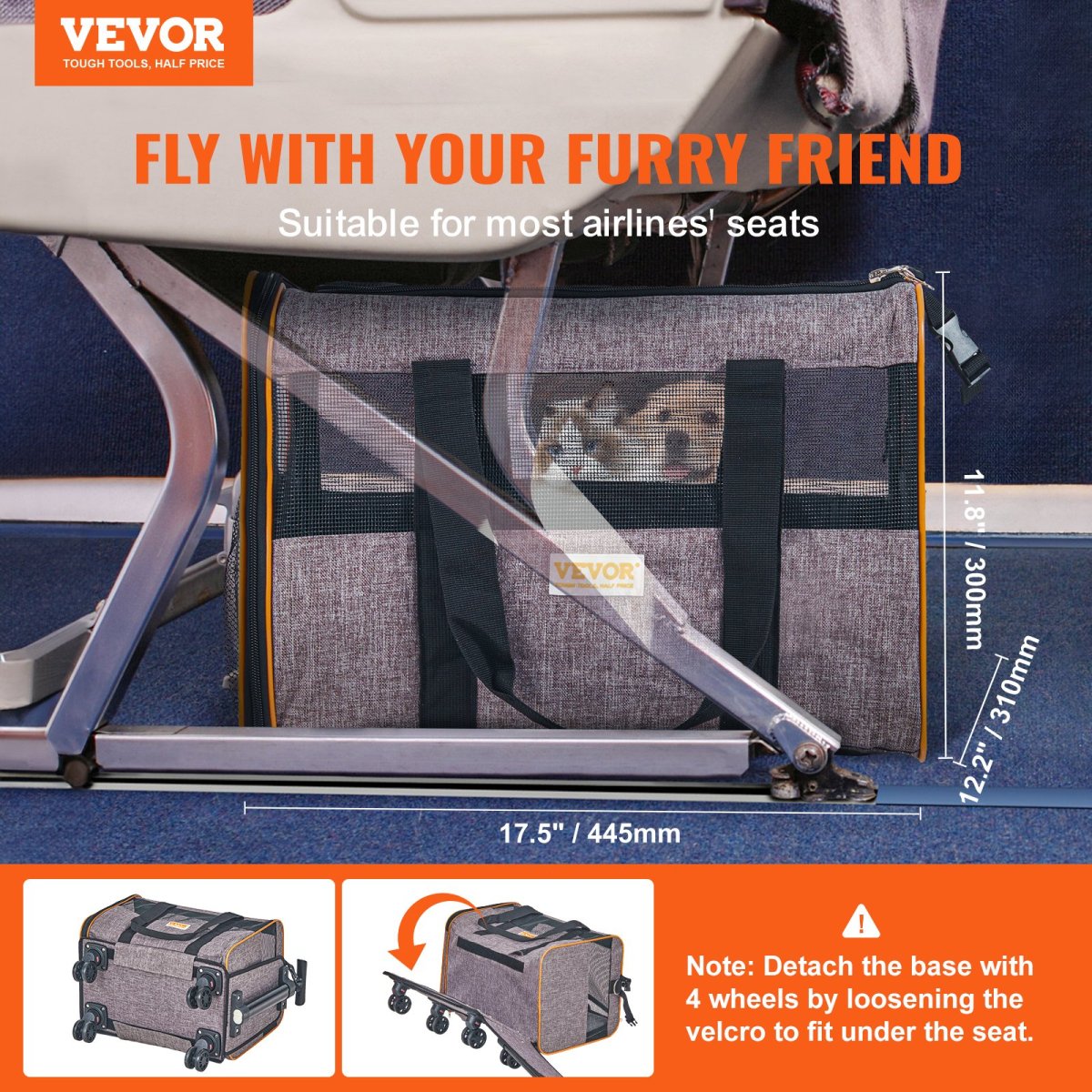 VEVOR Cat Carrier with Wheels, Airline Approved Rolling Pet Carrier, Grey - USA Pets