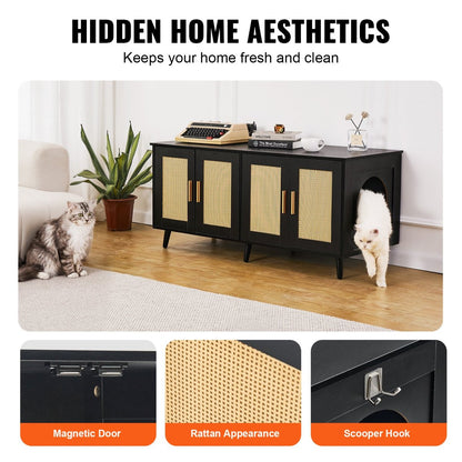 VEVOR Cat Litter Box Enclosure Wooden Litter Box Furniture Hidden 2 Rooms Black - USA Pets