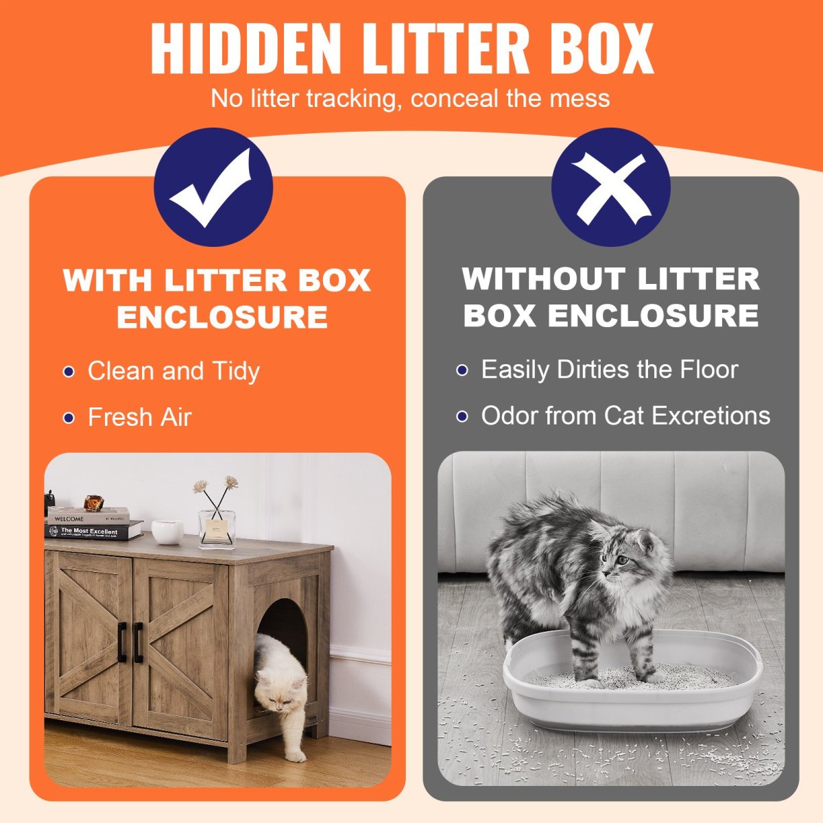 VEVOR Cat Litter Box Enclosure Wooden Litter Box Furniture Hidden 2 Rooms Greige - USA Pets