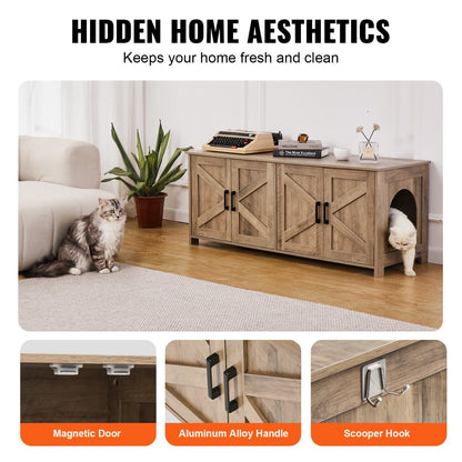 VEVOR Cat Litter Box Enclosure Wooden Litter Box Furniture Hidden 2 Rooms Greige - USA Pets