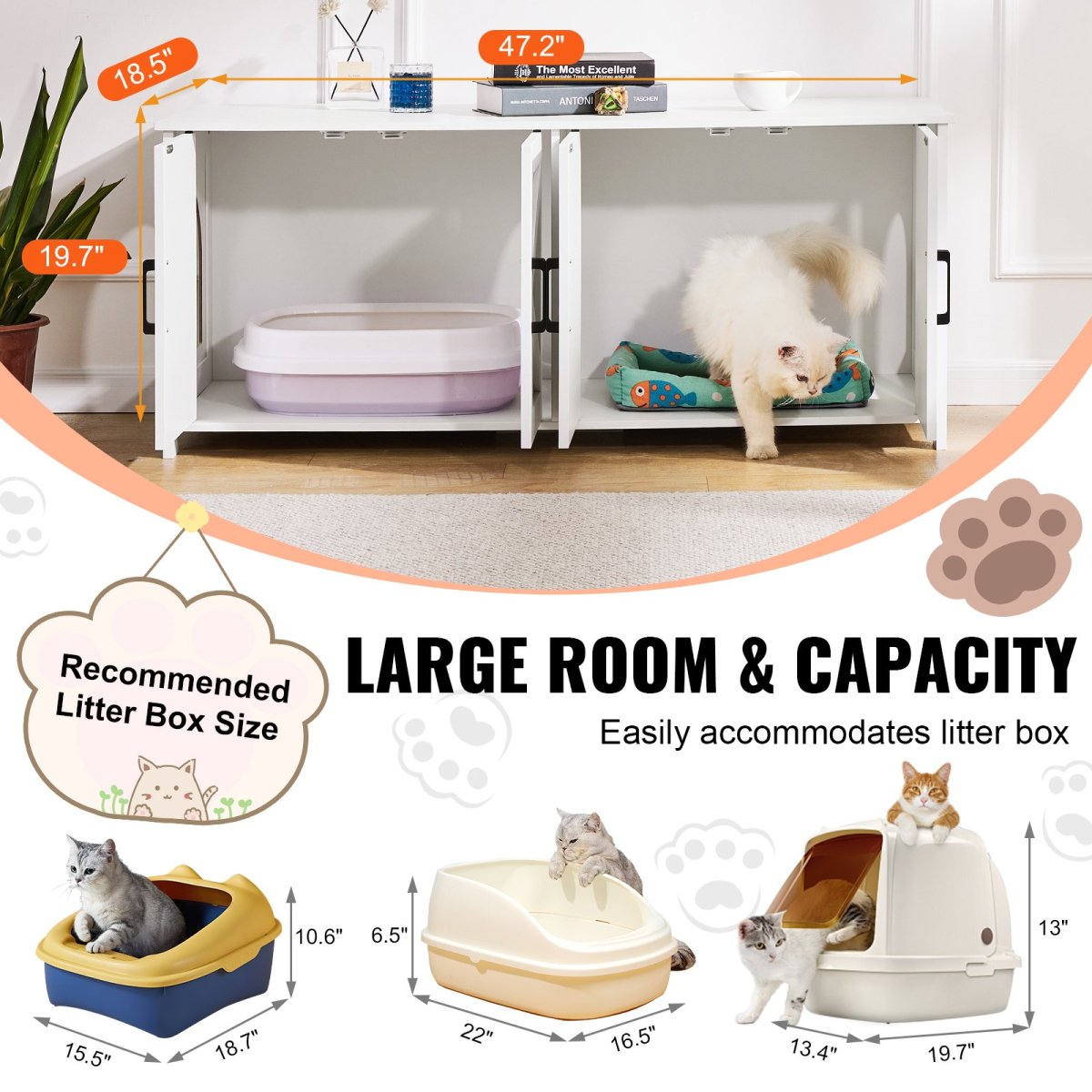 VEVOR Cat Litter Box Enclosure Wooden Litter Box Furniture Hidden 2 Rooms White - USA Pets