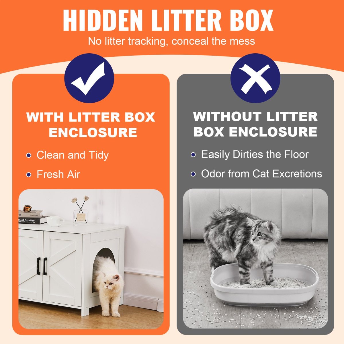 VEVOR Cat Litter Box Enclosure Wooden Litter Box Furniture Hidden 2 Rooms White - USA Pets