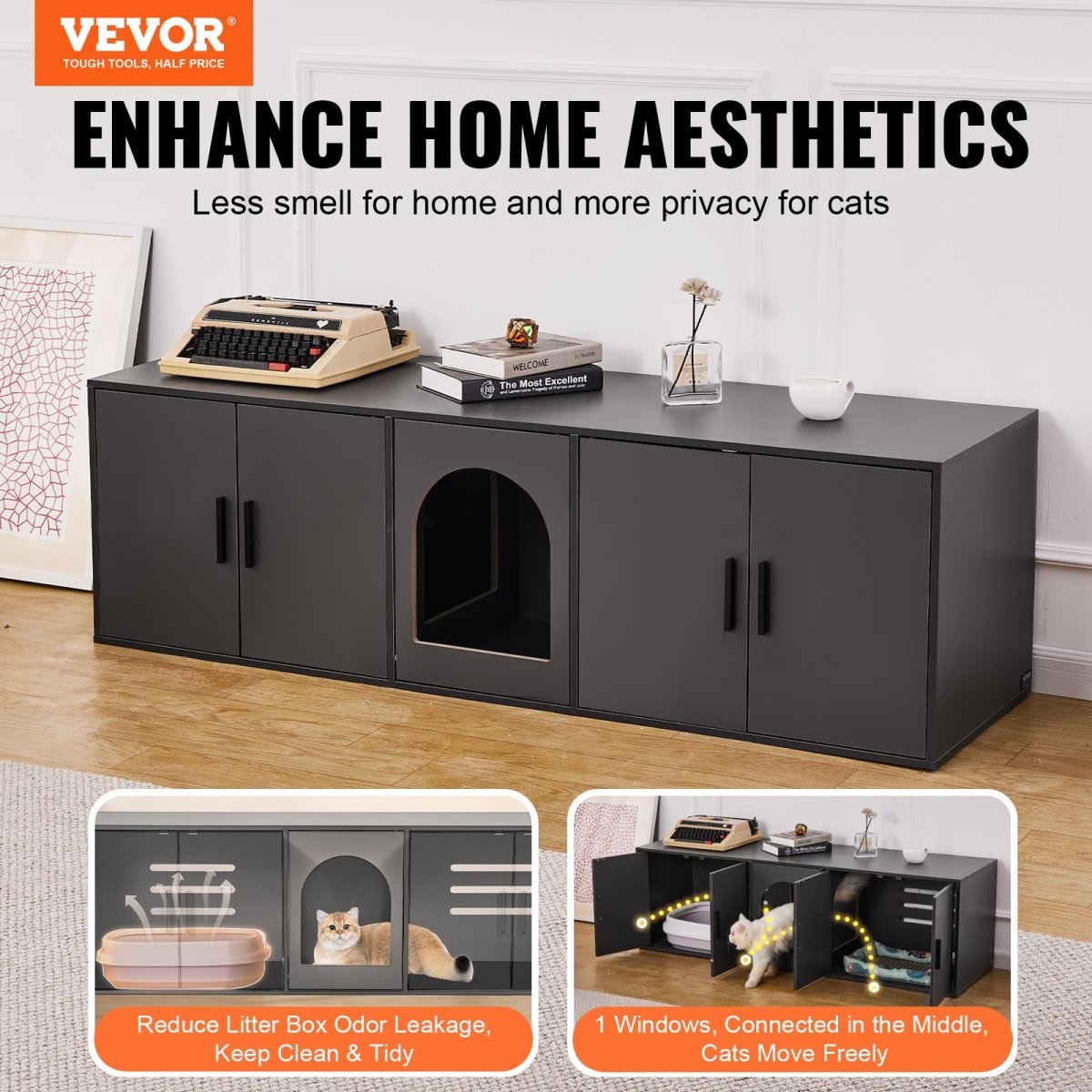 VEVOR Cat Litter Box Enclosure Wooden Litter Box Furniture Hidden 57.9" Black - USA Pets