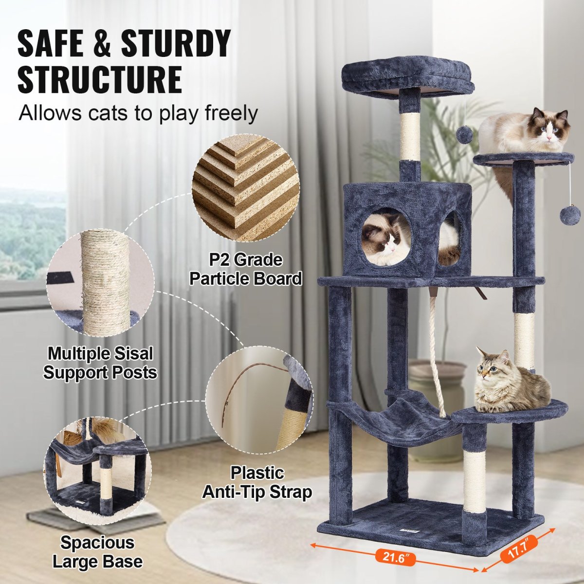 VEVOR Cat Tree 56.2" Cat Tower with Cat Condo Scratching Post Dark Grey - USA Pets