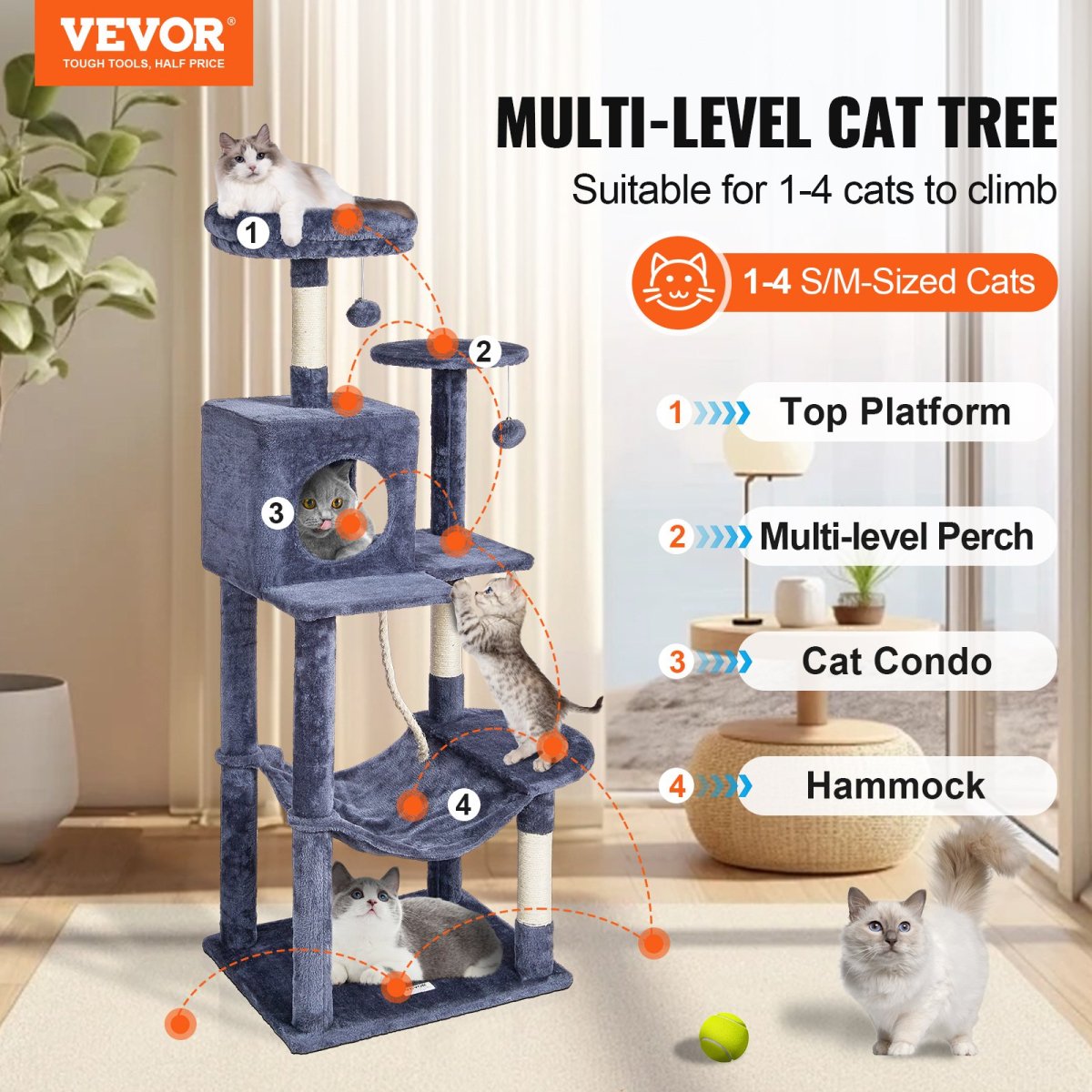 VEVOR Cat Tree 56.2" Cat Tower with Cat Condo Scratching Post Dark Grey - USA Pets