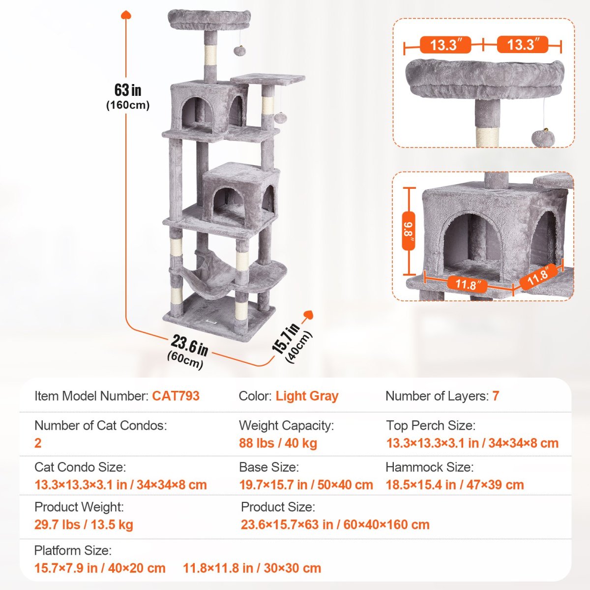 VEVOR Cat Tree 63" Cat Tower with 2 Cat Condos Scratching Post Light Grey - USA Pets