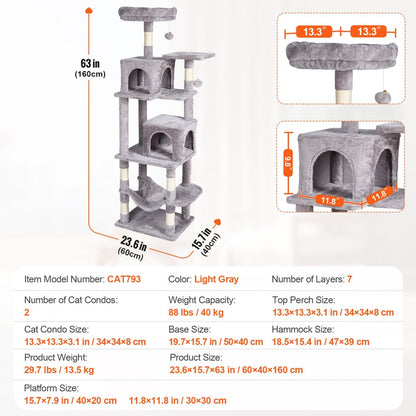 VEVOR Cat Tree 63" Cat Tower with 2 Cat Condos Scratching Post Light Grey - USA Pets