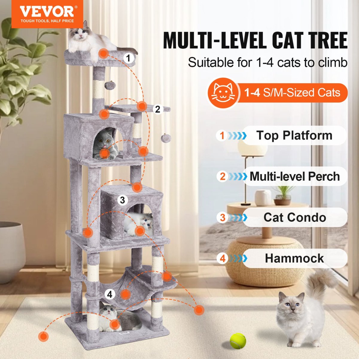 VEVOR Cat Tree 63" Cat Tower with 2 Cat Condos Scratching Post Light Grey - USA Pets