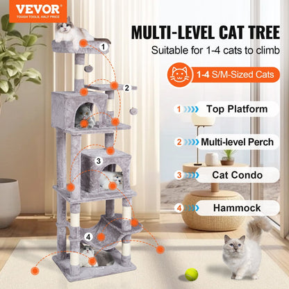 VEVOR Cat Tree 63" Cat Tower with 2 Cat Condos Scratching Post Light Grey - USA Pets