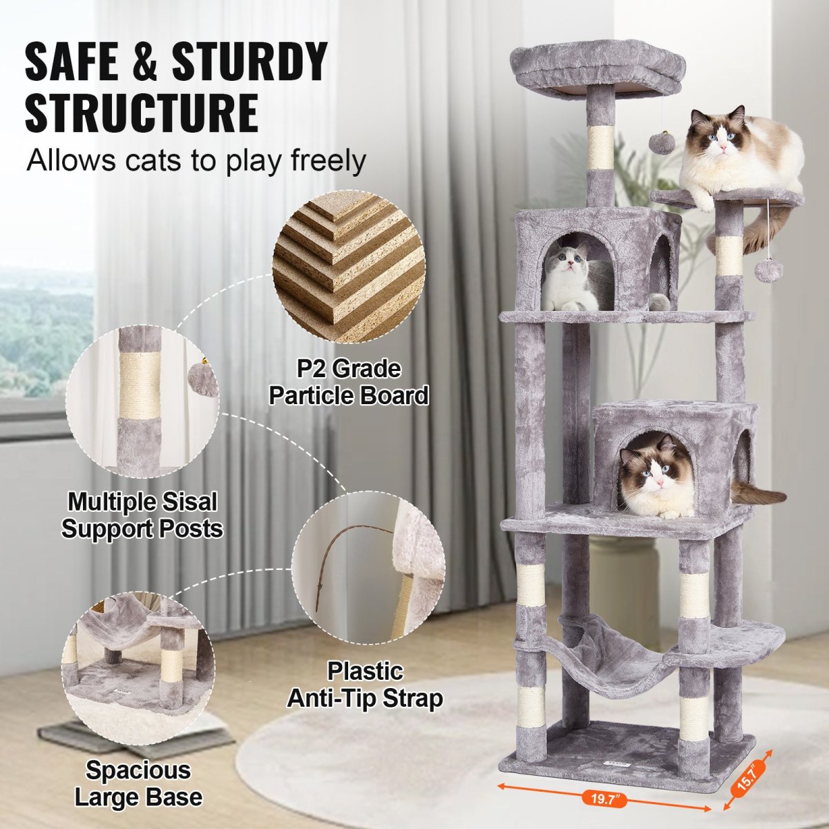 VEVOR Cat Tree 63" Cat Tower with 2 Cat Condos Scratching Post Light Grey - USA Pets