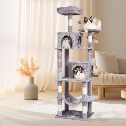 VEVOR Cat Tree 63" Cat Tower with 2 Cat Condos Scratching Post Light Grey - USA Pets