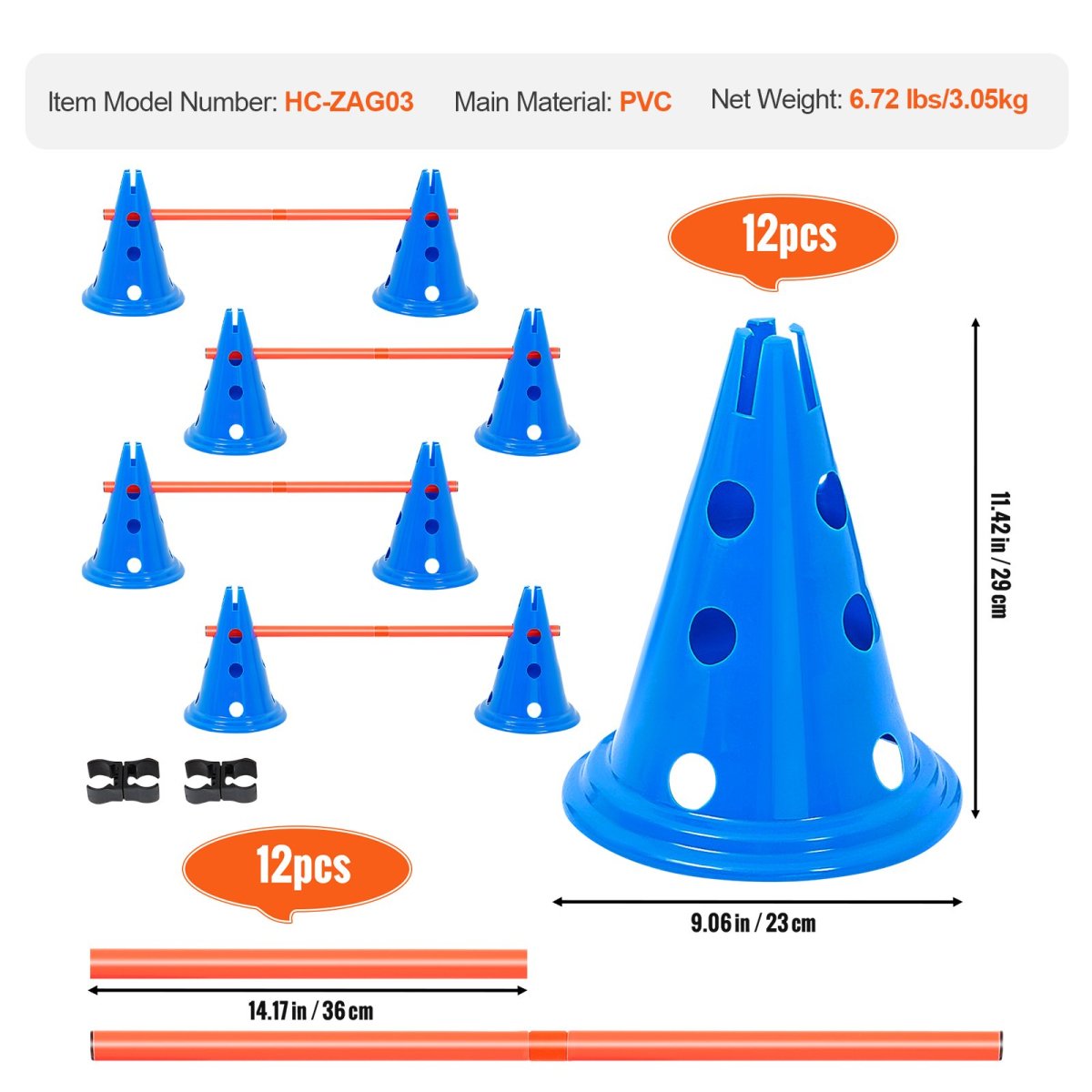 VEVOR Dog Agility Hurdle Cone Set 6 PCS Kit - 12 xCones 6 xAgility Rods with Bag - USA Pets