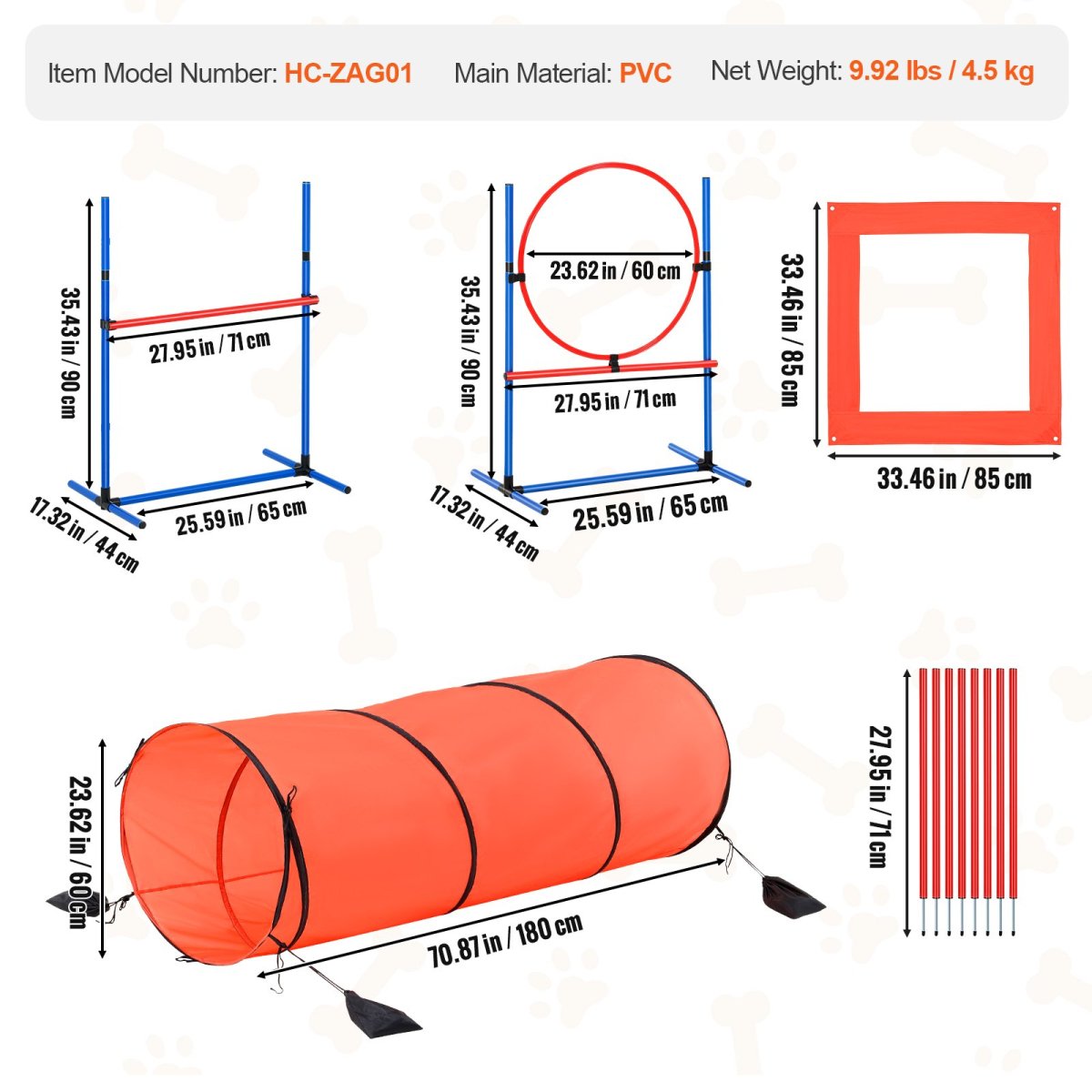 VEVOR Dog Agility Training Equipment 5 PCS Combination Set with Hurdles Tunnel - USA Pets