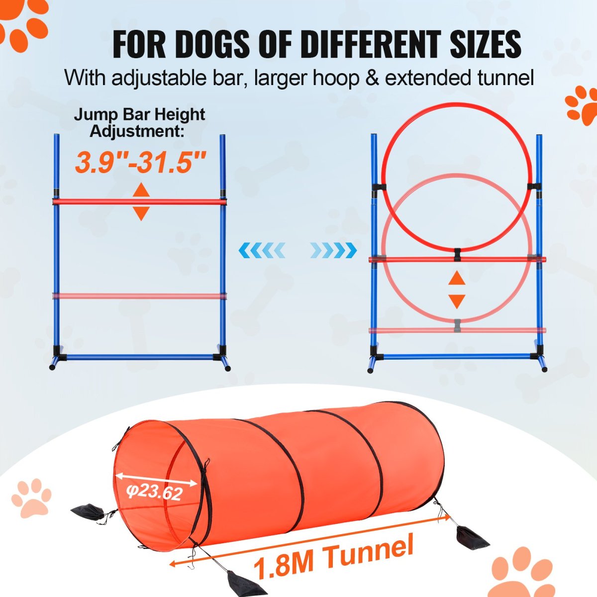 VEVOR Dog Agility Training Equipment 5 PCS Combination Set with Hurdles Tunnel - USA Pets