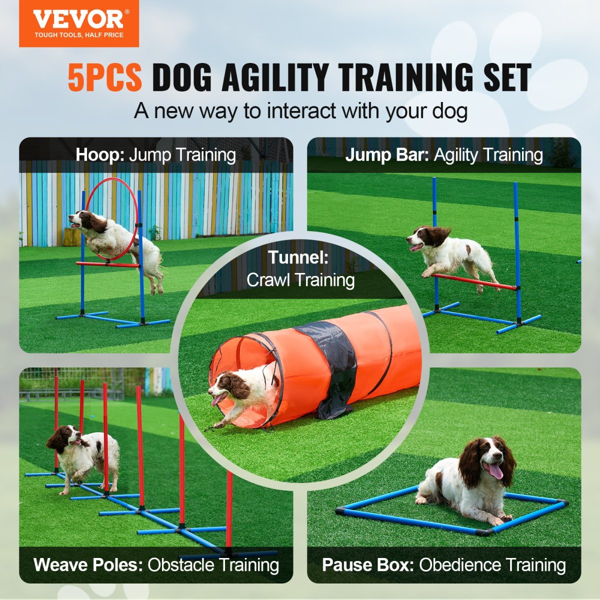 VEVOR Dog Agility Training Equipment 5 PCS Set Upgrade w/ Hurdles Extended Tunnel - USA Pets