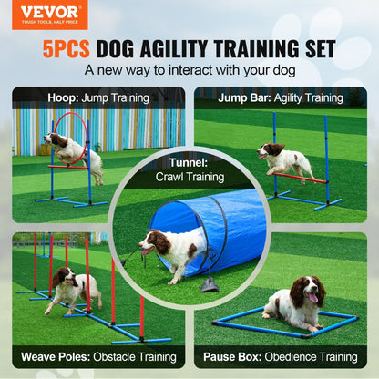 VEVOR Dog Agility Training Equipment 5 PCS Set with Hurdles Tunnel Jump Ring - USA Pets