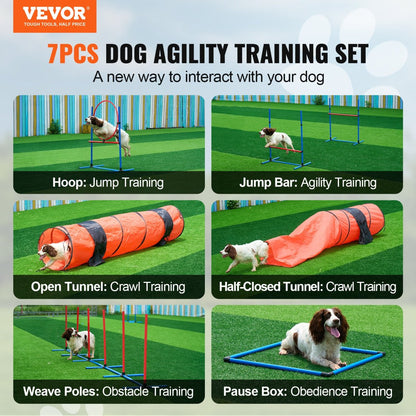 VEVOR Dog Agility Training Equipment 7 PCS Set Upgrade w/ Hurdles 2 Tunnels Ring - USA Pets