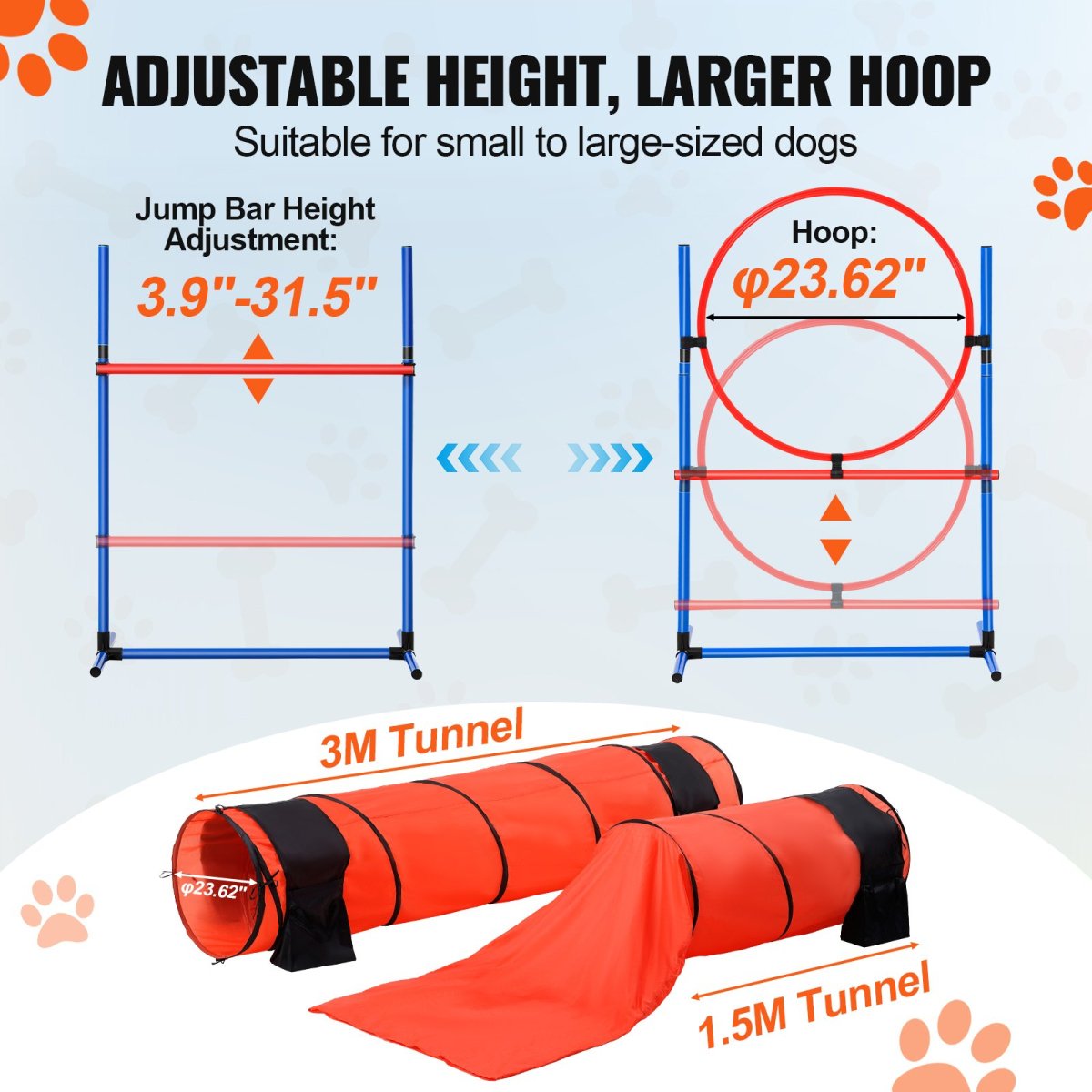 VEVOR Dog Agility Training Equipment 7 PCS Set Upgrade w/ Hurdles 2 Tunnels Ring - USA Pets