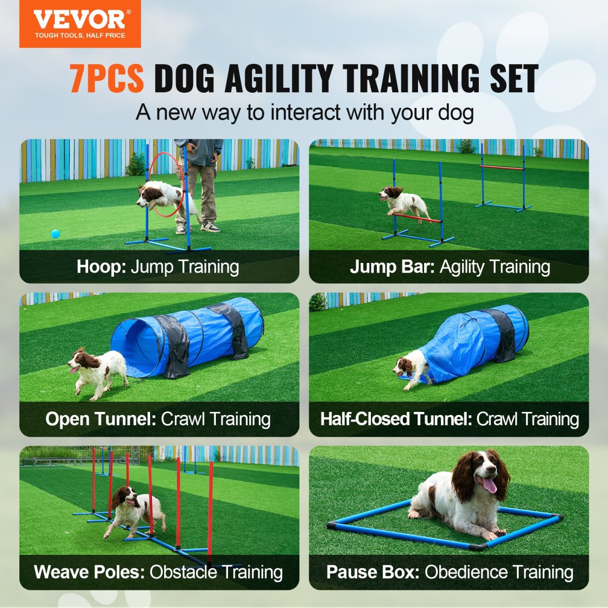 VEVOR Dog Agility Training Equipment 7 PCS Set w/ Hurdles 2 Tunnels Jump Ring - USA Pets