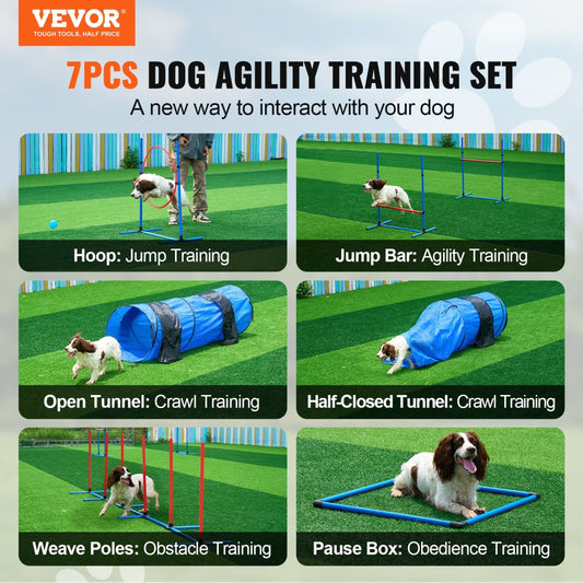 VEVOR Dog Agility Training Equipment 7 PCS Set w/ Hurdles 2 Tunnels Jump Ring - USA Pets