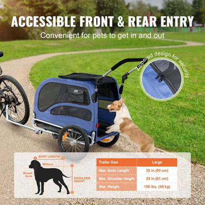 VEVOR Dog Bike Trailer, Supports up to 100 lbs, 2 - in - 1 Pet Stroller Cart Bicycle Carrier, Blue/Black - USA Pets