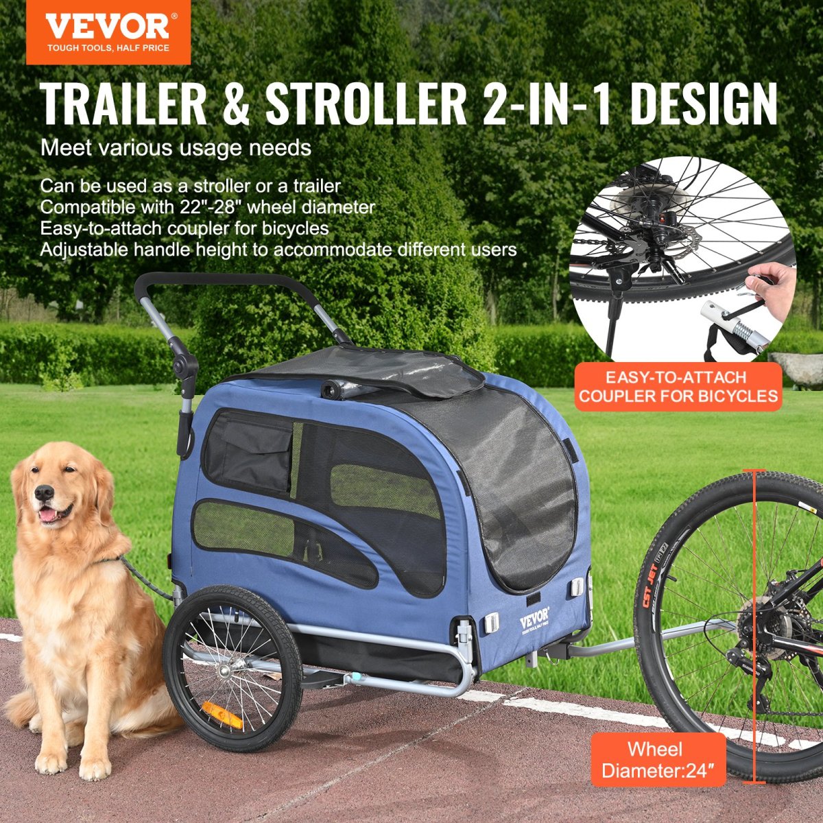 VEVOR Dog Bike Trailer, Supports up to 100 lbs, 2 - in - 1 Pet Stroller Cart Bicycle Carrier, Blue/Black - USA Pets