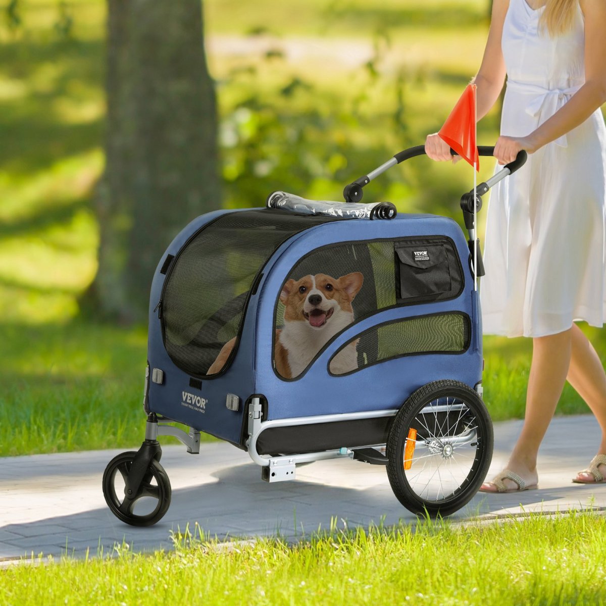 VEVOR Dog Bike Trailer, Supports up to 100 lbs, 2 - in - 1 Pet Stroller Cart Bicycle Carrier, Blue/Black - USA Pets