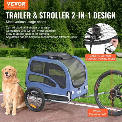 VEVOR Dog Bike Trailer, Supports up to 100 lbs, 2 - in - 1 Pet Stroller Cart Bicycle Carrier, Blue/Black - USA Pets