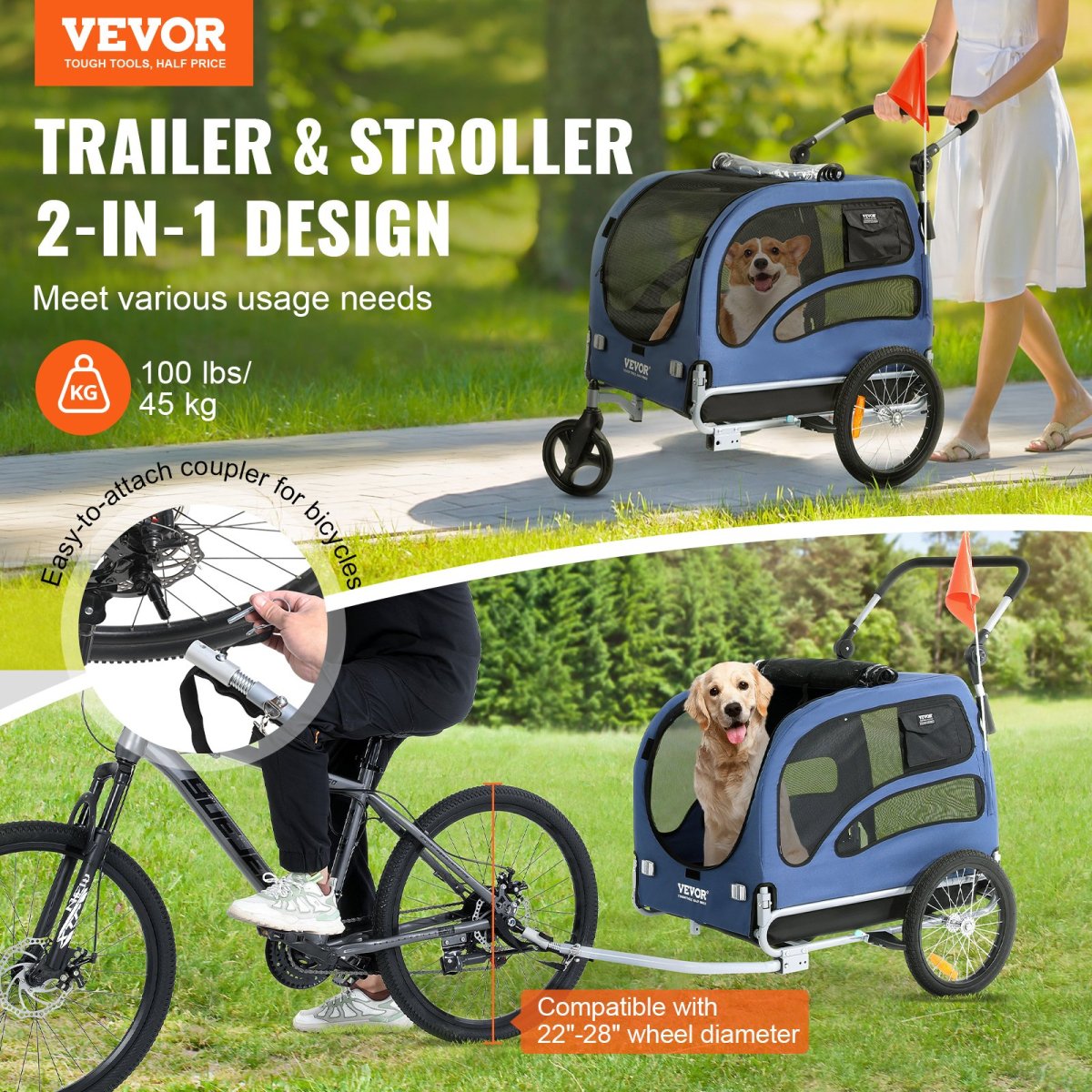 VEVOR Dog Bike Trailer, Supports up to 100 lbs, 2 - in - 1 Pet Stroller Cart Bicycle Carrier, Blue/Black - USA Pets