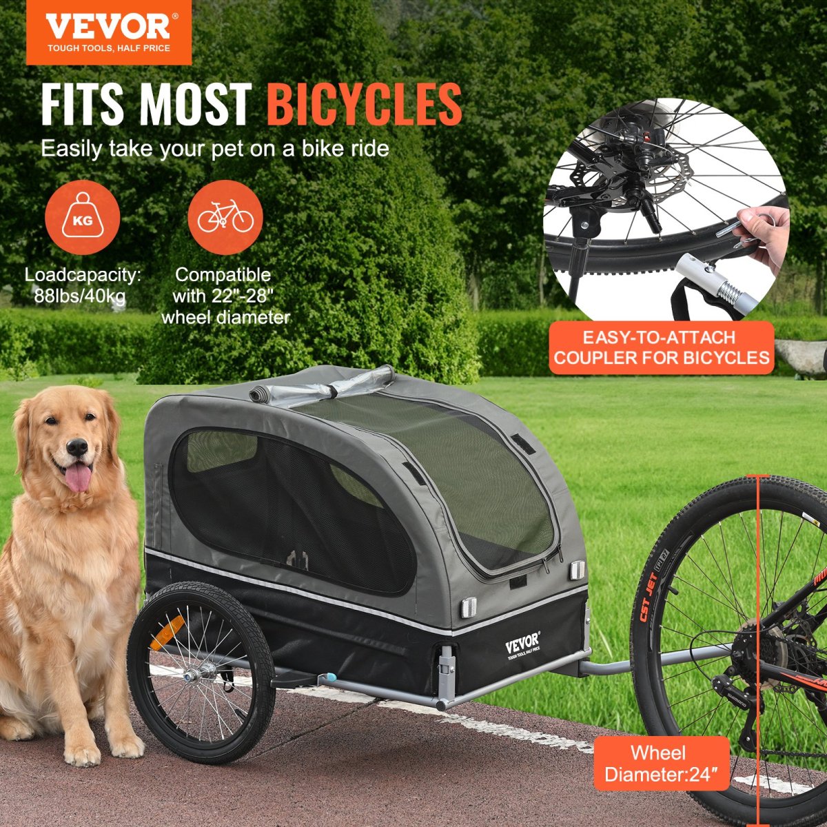 VEVOR Dog Bike Trailer, Supports up to 88 lbs, Pet Cart Bicycle Carrier, Black/Gray - USA Pets