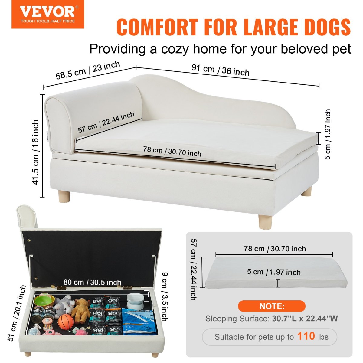 VEVOR Pet Sofa, Dog Couch for Large - Sized Dogs and Cats, White - USA Pets