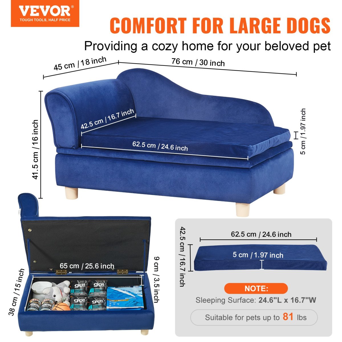 VEVOR Pet Sofa, Dog Couch for Medium - Sized Dogs and Cats, Blue - USA Pets