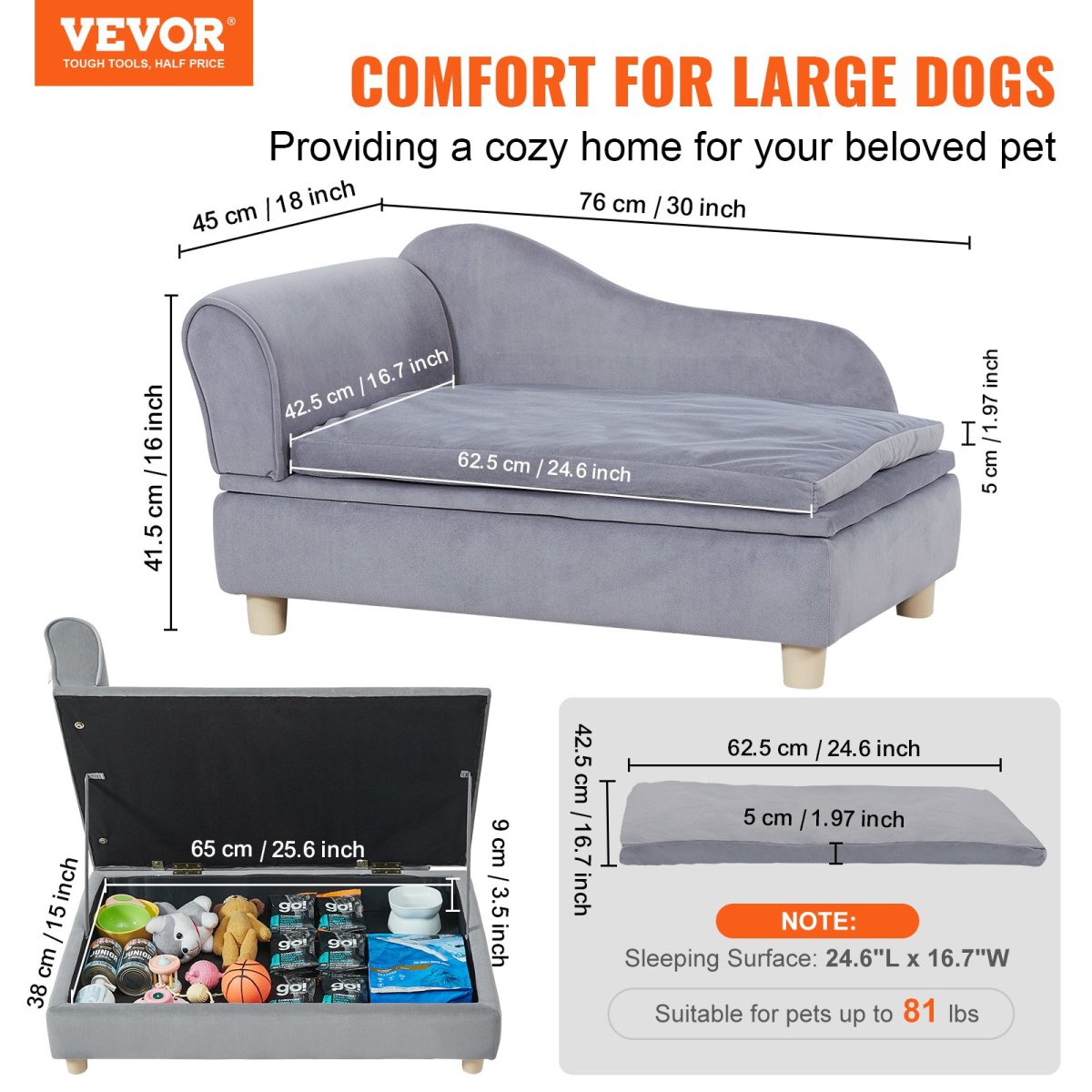 VEVOR Pet Sofa, Dog Couch for Medium - Sized Dogs and Cats, Grey - USA Pets