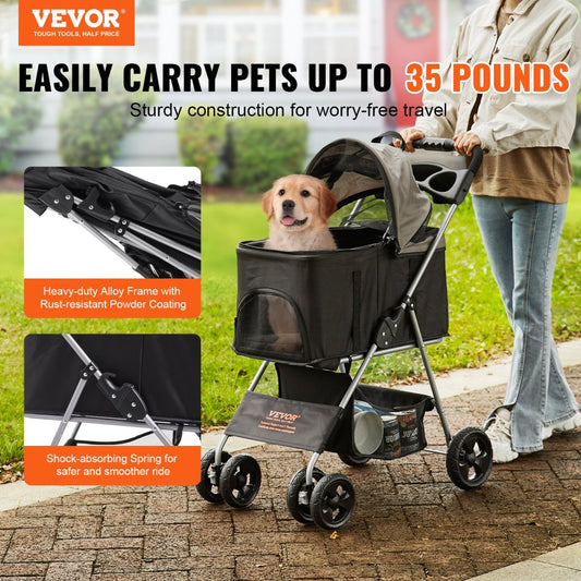 VEVOR Pet Stroller, 4 Wheels Dog Stroller Rotate with Brakes, Black+Dark Grey - USA Pets