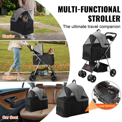 VEVOR Pet Stroller, 4 Wheels Dog Stroller Rotate with Brakes, Black+Dark Grey - USA Pets