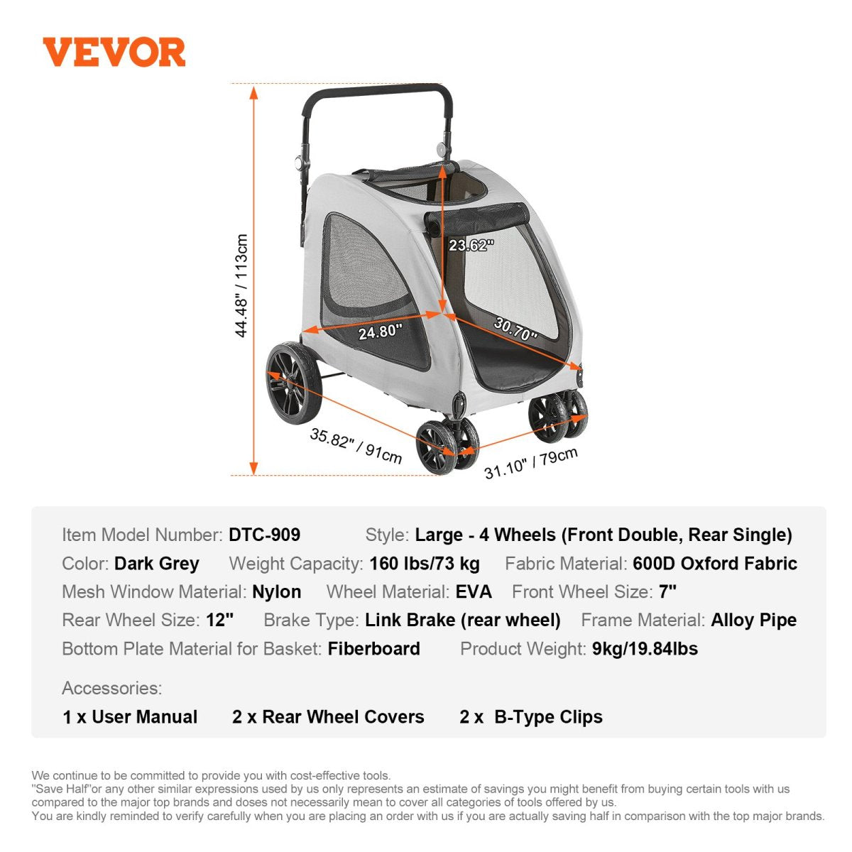 VEVOR Pet Stroller, 4 Wheels Dog Stroller Rotate with Brakes, Dark Grey - USA Pets