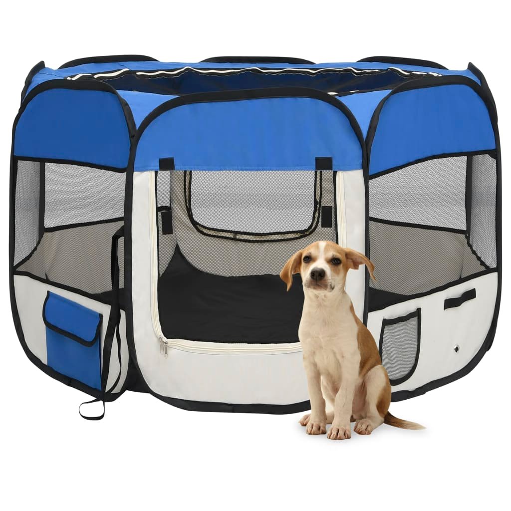 vidaXL Foldable Dog Playpen with Carrying Bag Blue 35.4"x35.4"x22.8" - USA Pets